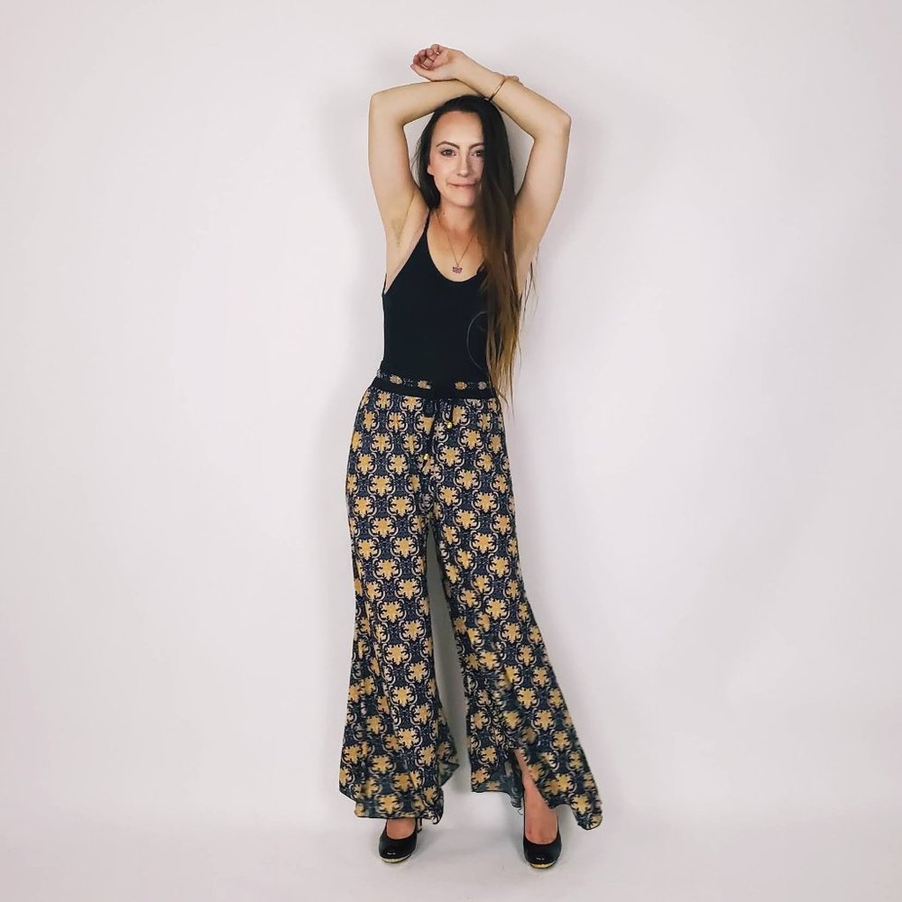 Blue and Gold Bell Bottom Wide Leg Lounge Pants